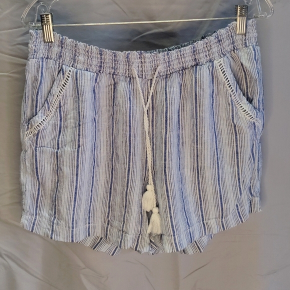 Briggs Women’s Blue/White Striped Gauze Linen Pull On Drawstring Shorts, Size L - Picture 2 of 9